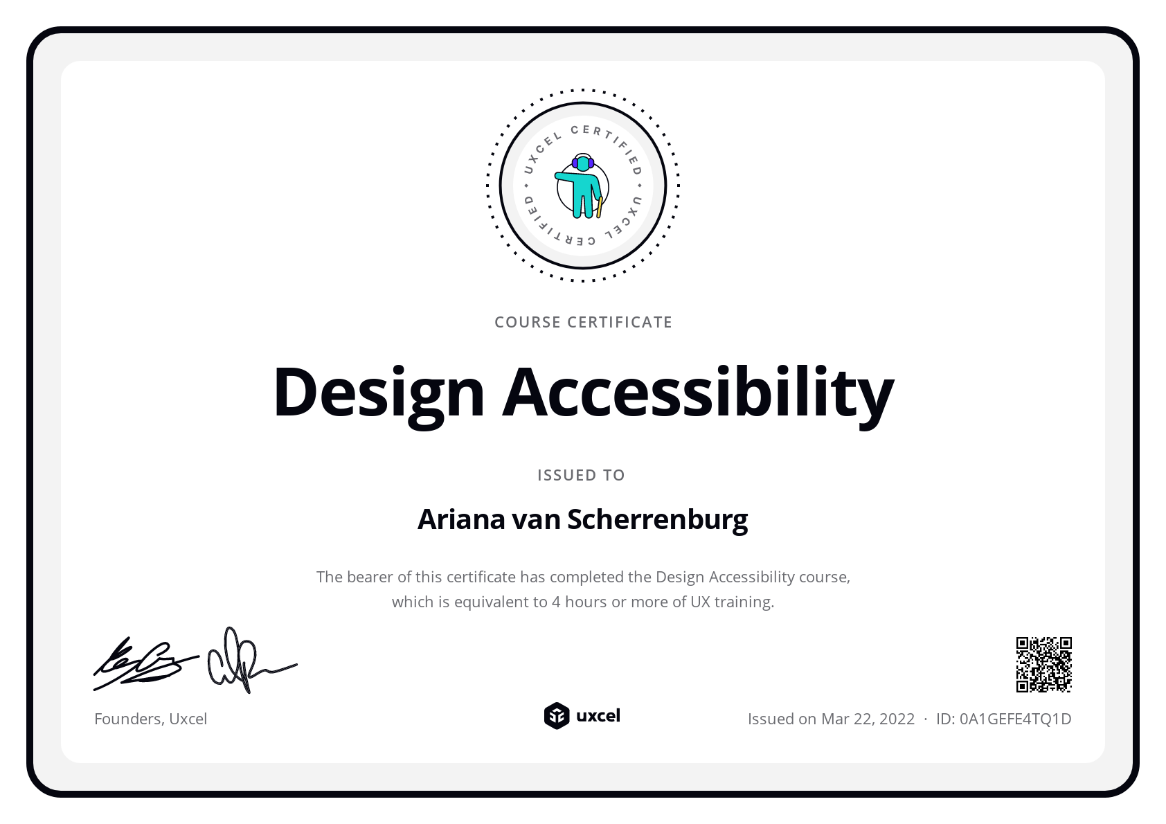 Ariana van Scherrenburg's certificate